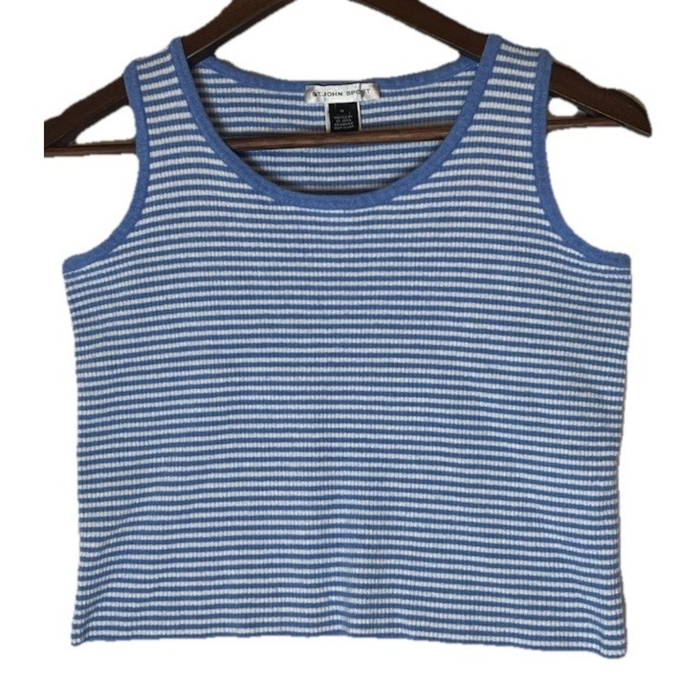 St John Sport Blue White Striped Wool Blend Ribbed Knit Tank Top Medium USA Made